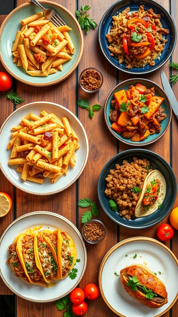 Five delicious dinner plates on a table, showcasing quick one-hour meals: pasta, fajitas, stir-fry, tacos, and stuffed chicken.